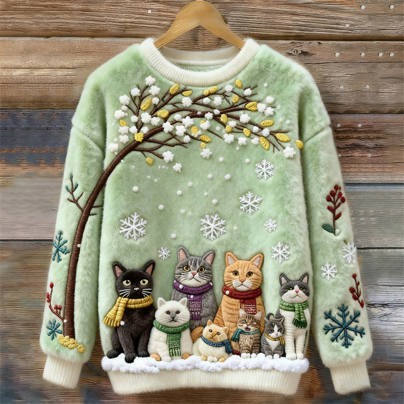 Maglione in cotone con gatti sotto un albero innevato con sciarpe