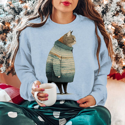Vintage Cat Print Round Neck Long Sleeve Sweatshirt elevenforest