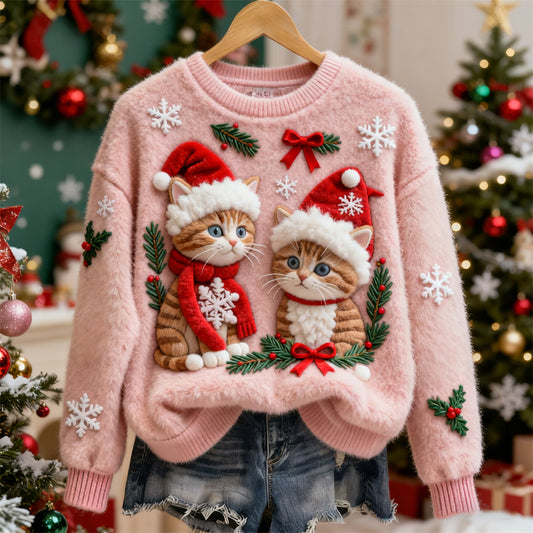 Christmas Cat Art Women's Cozy Plush Sweater