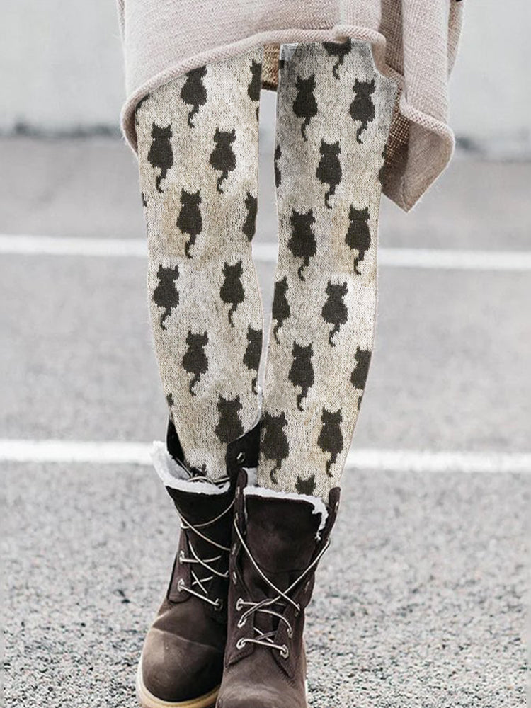 Black Plush Cat Knit Pattern Leggings elevenforest
