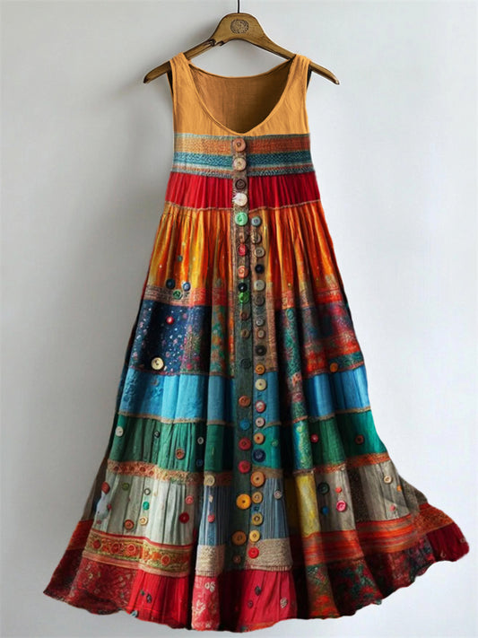 Boho Colorful Textile Flowy Linen Blend Tank Dress artswardrobe