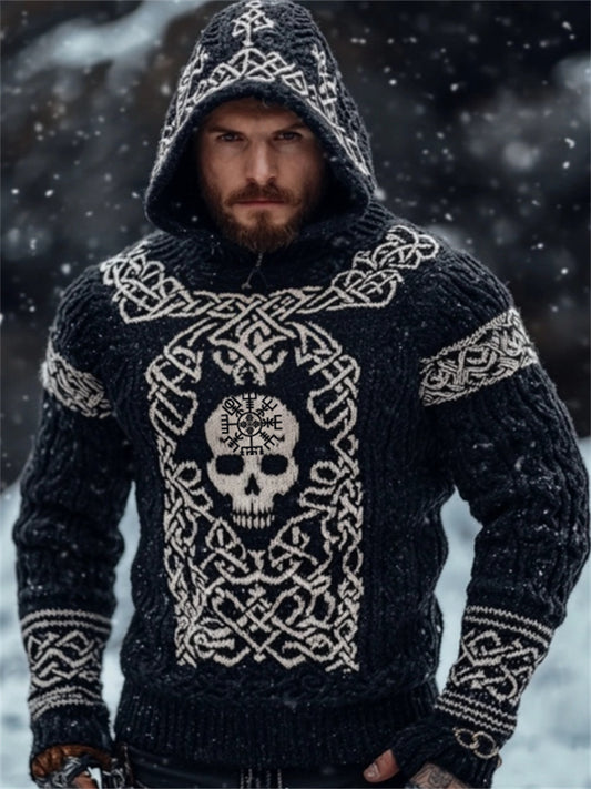 Men's Viking Vegvisir Skull Celtic Chunky Hooded Sweater artswardrobe