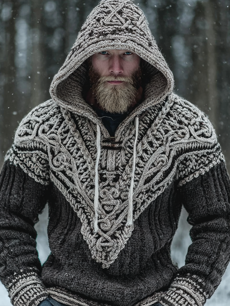 Men's Viking-style Winter Warm Hooded Knitted Sweater artswardrobe