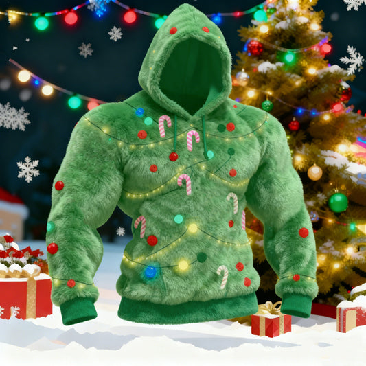 Comstylish Men's Cosplay Christmas Tree Pattern Ugly Hooded Sweater