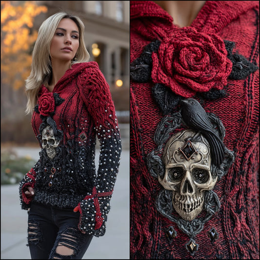 Women's Viking Tribal Raven With Rose And Skull Inspired Knit Hooded Sweater artswardrobe