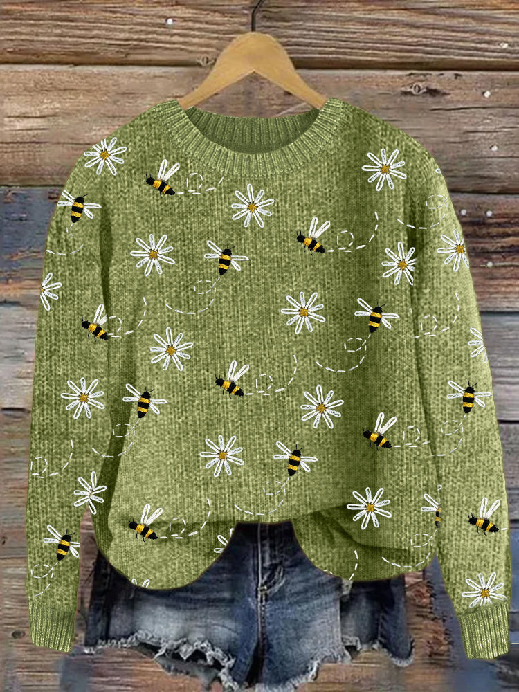 Maglione lavorato a maglia con ricamo di margherite e api
