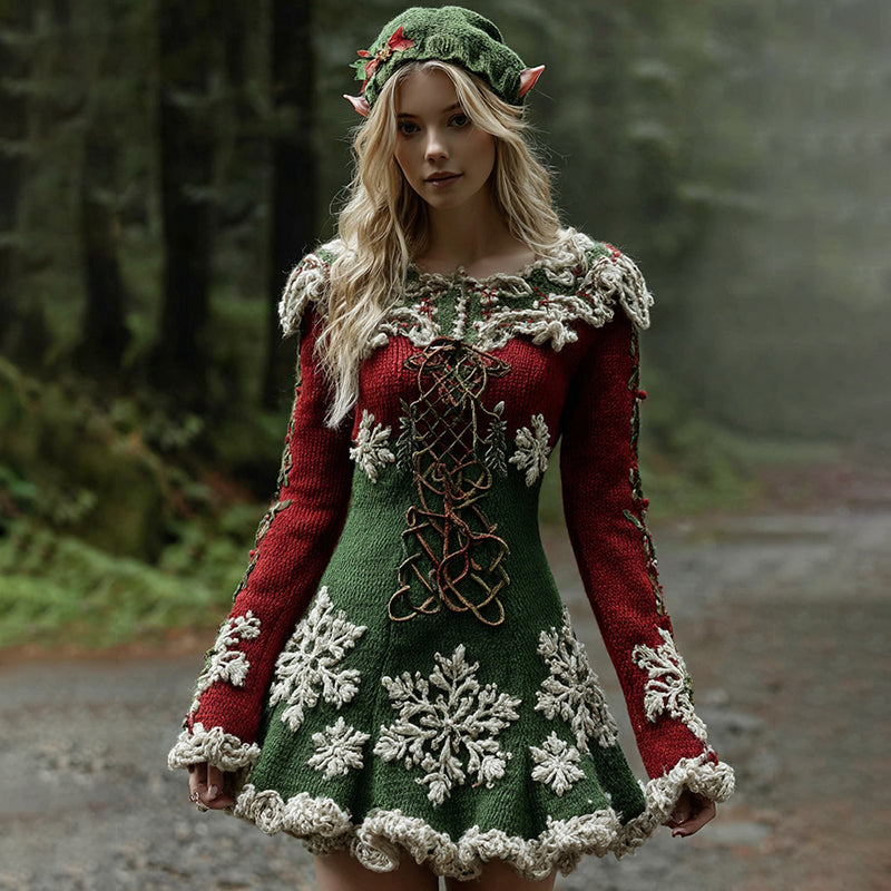 Women's Christmas Snowflake Embroidered Celtic Knot Midi Sweater Dress artswardrobe