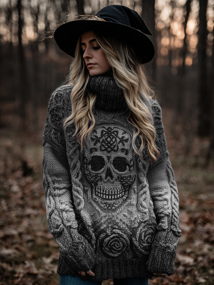 Women's Viking Tribal Jacquard Celtic With Rose And Skull Inspired Chunky Knit Hooded Sweater elevenforest