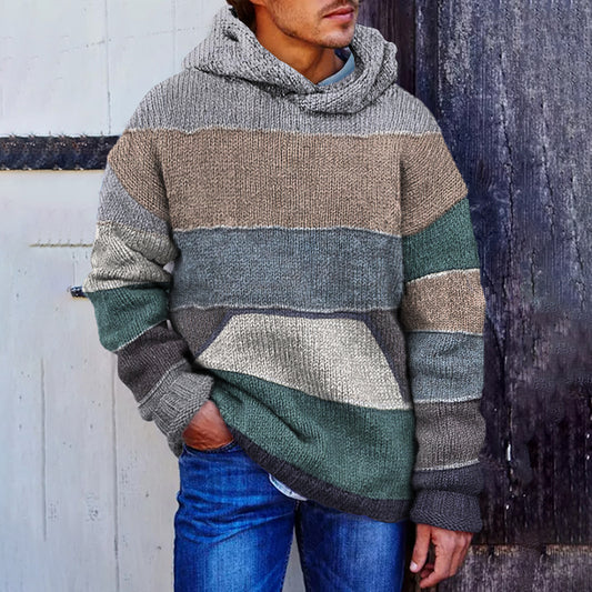 Men'S Vintage Colorful Knitted Patchwork Cozy Hooded Sweater elevenforest