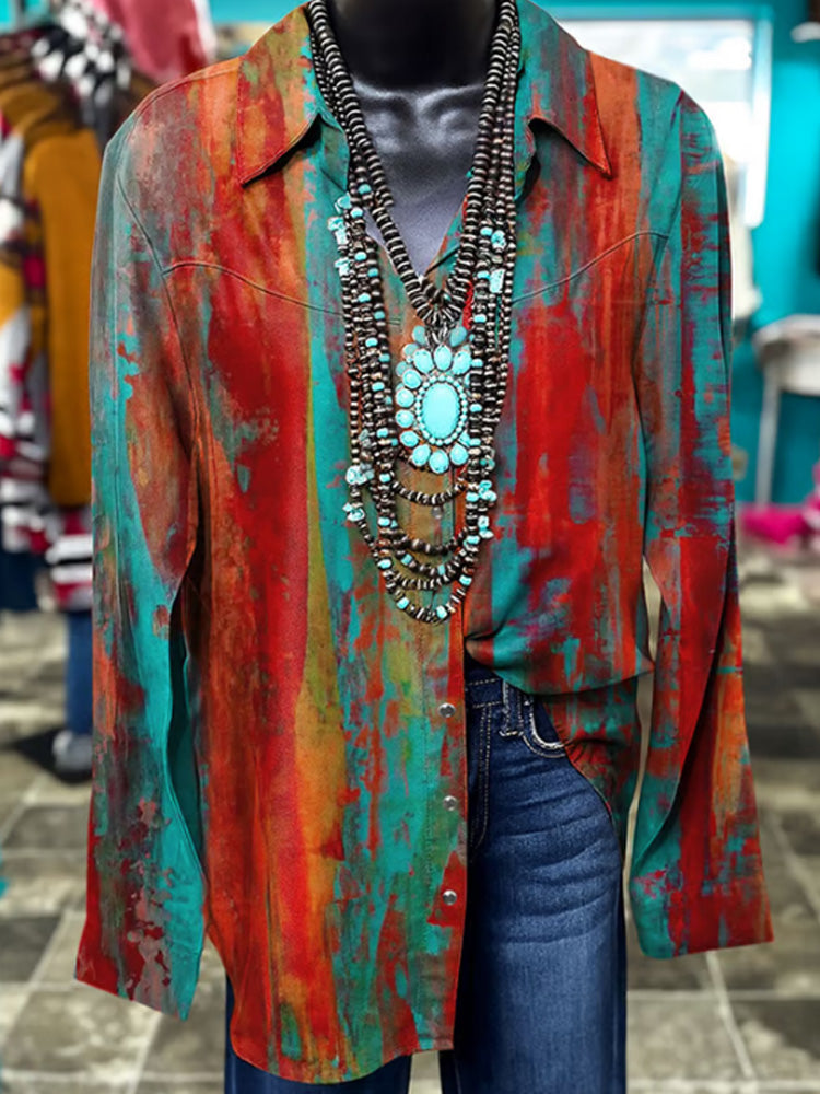 Women's Vintage Western Print Casual Long Sleeve Shirt artswardrobe