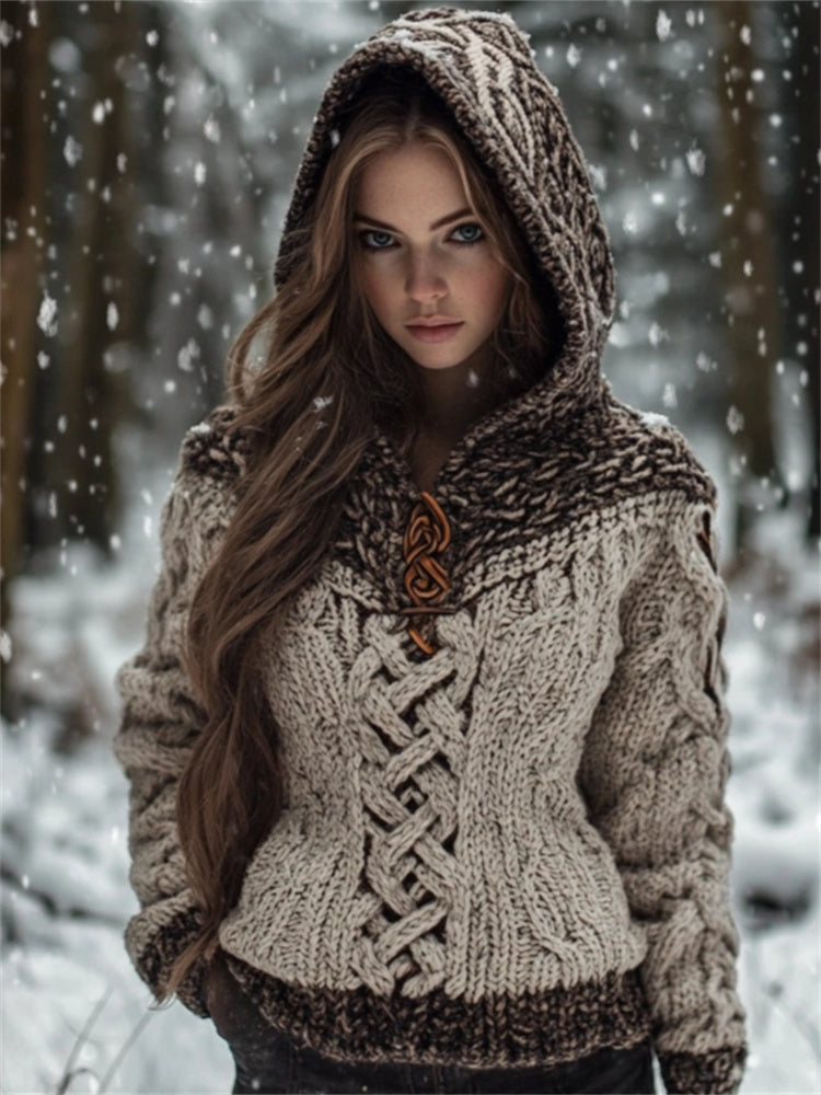 Vintage Tribal Celtic Knot Contrast Color Hooded Chunky Sweater elevenforest