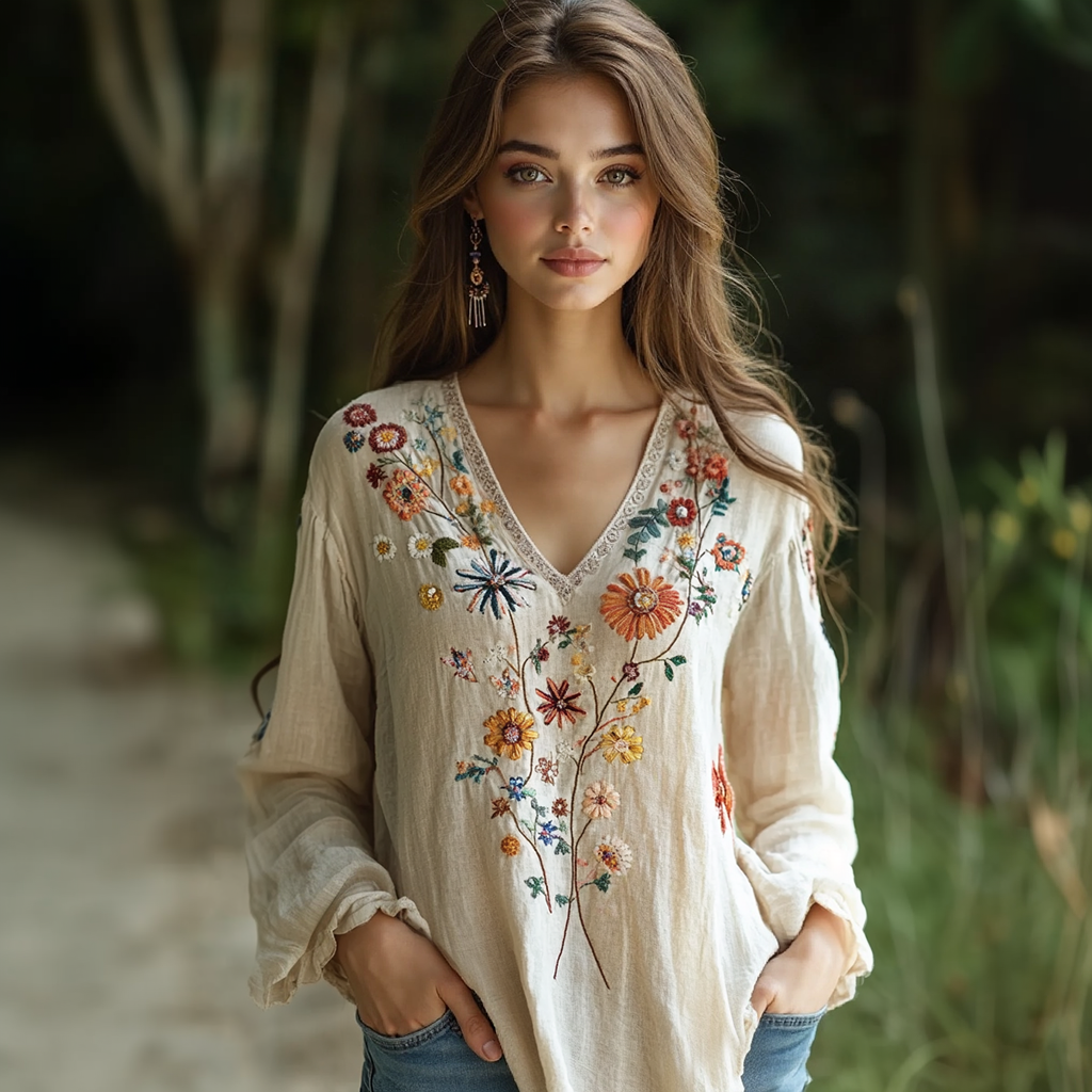 Comstylish Retro Bohemian Floral Graphics Cotton And Linen Blend Loose Blouse