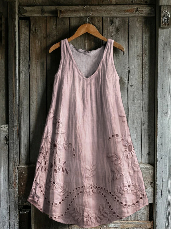 Women's Vintage Floral Texture Patterns Print V-neck Pocket Cotton Dre