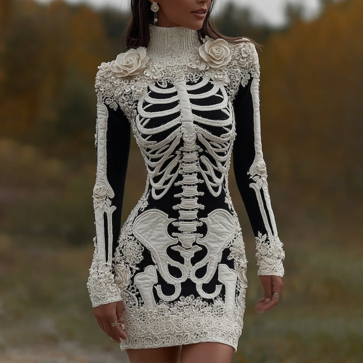 Women's Halloween Skeleton Bones With Rose Art Cozy Knit Turtleneck Mini Sweater Dress artswardrobe