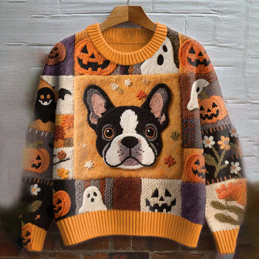 Vintage French Bulldog Felt Art Inspired Embroidered Cozy Knit Sweater artswardrobe