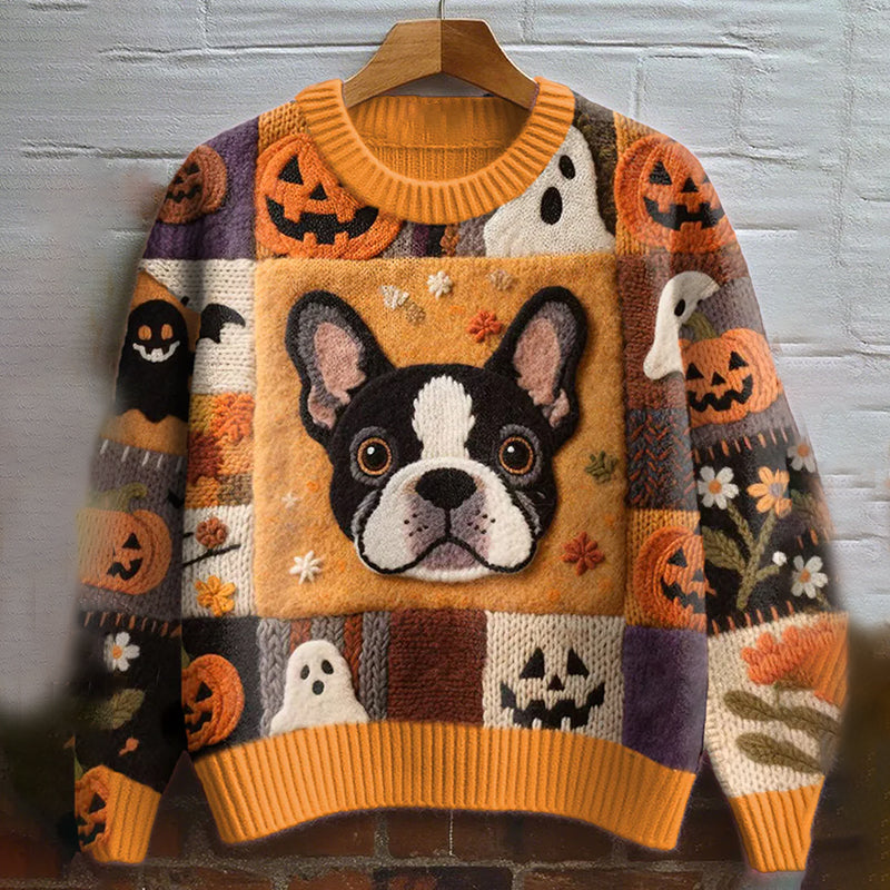 Vintage French Bulldog Felt Art Inspired Embroidered Cozy Knit Sweater elevenforest