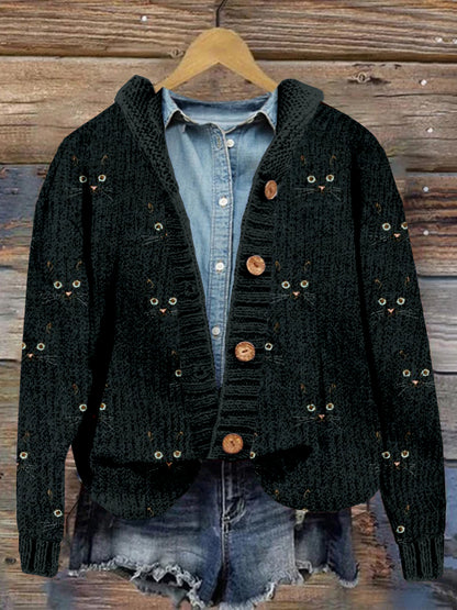 Cute Cat Face Pattern Cozy Hooded Button Cardigan elevenforest