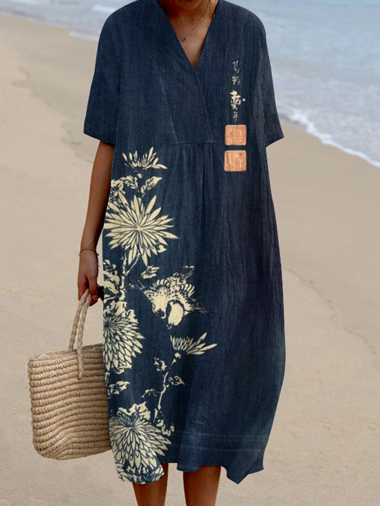 Vintage Chrysanthemum Print V-Neck Loose Midi Dress
