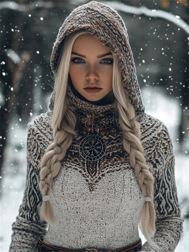 Viking Vegvisir Tribal Contrast Cozy Hooded Sweater elevenforest