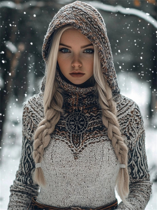 Viking Vegvisir Tribal Contrast Cozy Hooded Sweater elevenforest