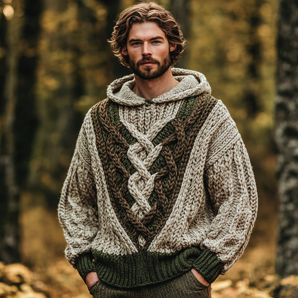 Men's Irish Celtic Knotted Chunky Knit Hooded Sweater artswardrobe