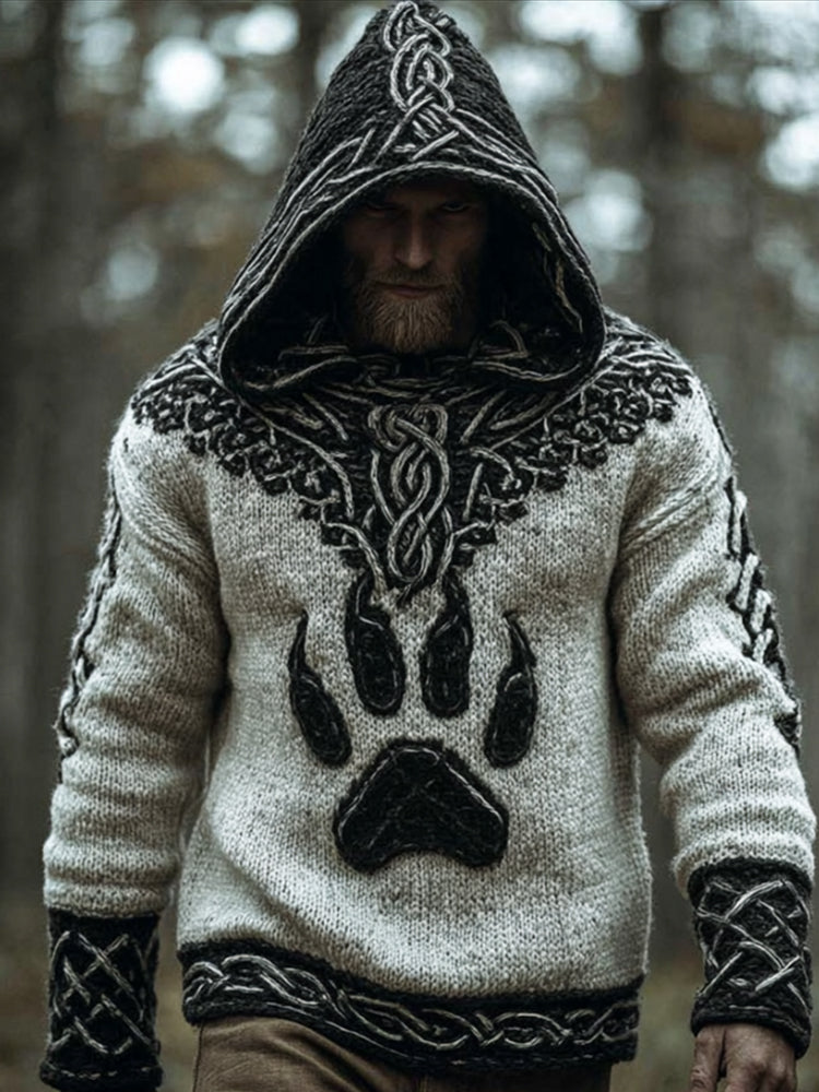 Men's Viking Style Wolf Claw Contrasting Thick Needle Hooded Sweater artswardrobe