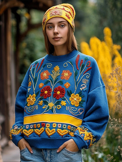 Comstylish Ukrainian Folk Floral Embroidered Vintage Cozy Sweatshirt