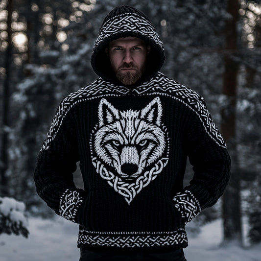 Men's Viking Wolf Art Knit Pocket Hooded Sweater elevenforest