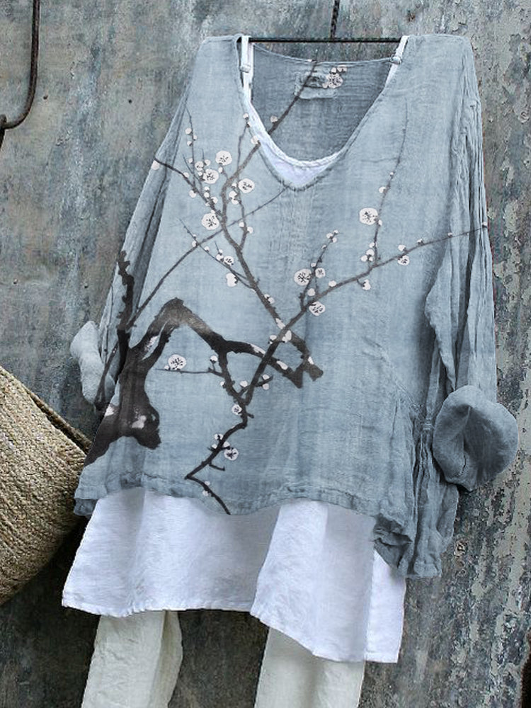 Comstylish Plum Blossom Japanese Art Linen Blend Tunic