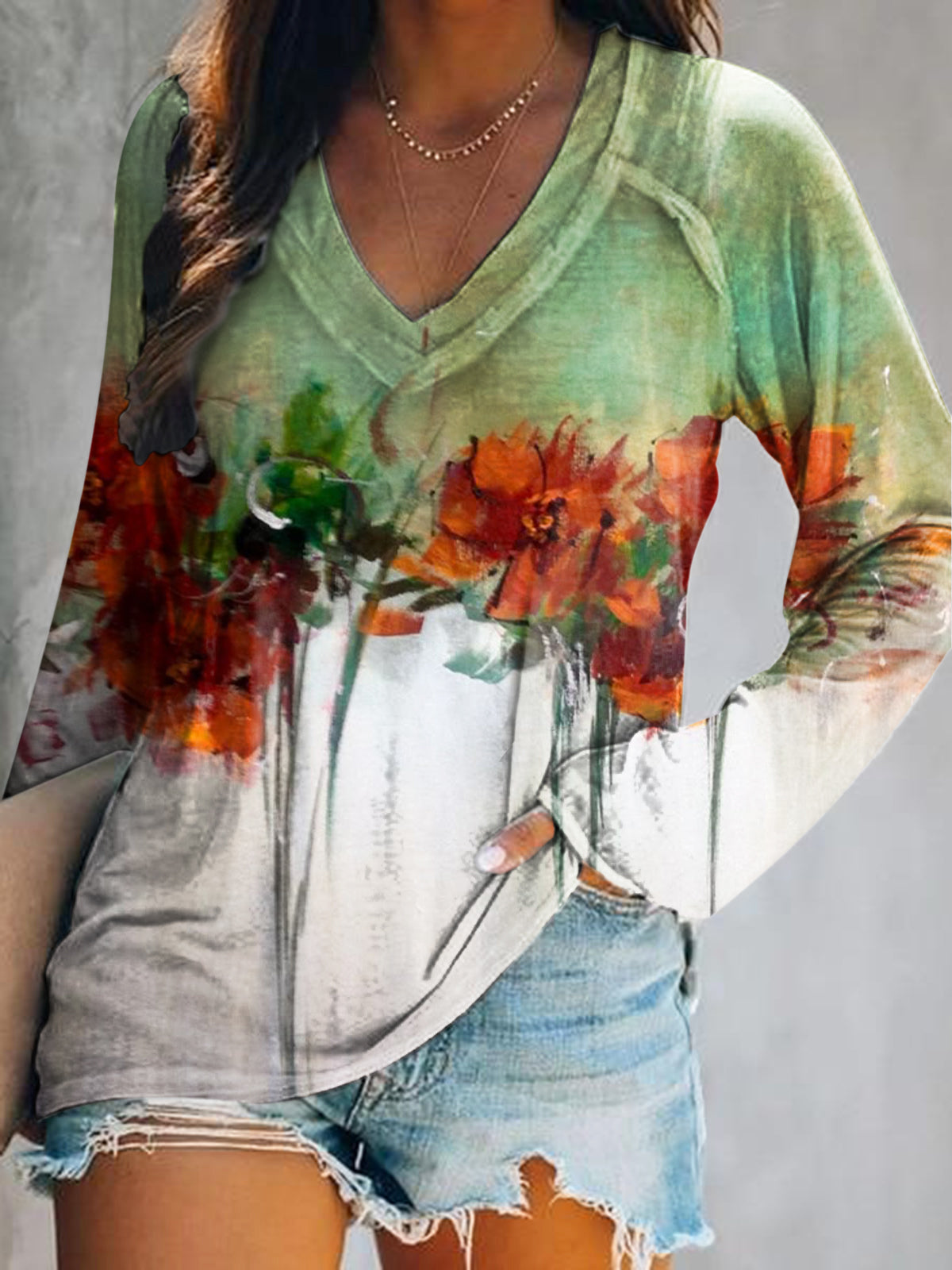 Women's Vintage Floral Art Print Casual V Neck Long Sleeve Tops
