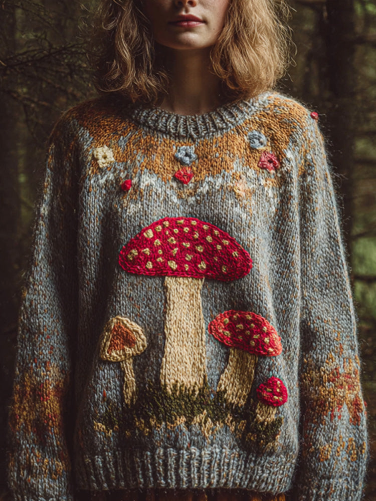 Women's Retro Mushroom Print Crew Neck Sweater artswardrobe