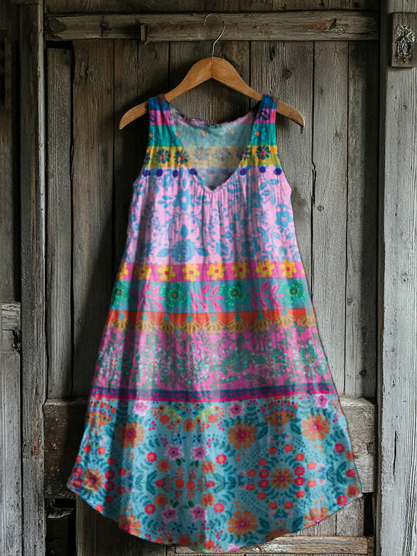 Women's Floral Patchwork Pattern Art Print V-Neck Pocket Cotton Dress