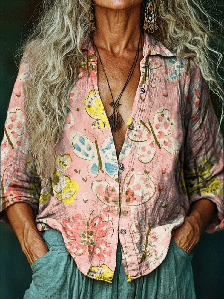 Women's Hippie Art Painting Butterfly Print V-Neck Shirt