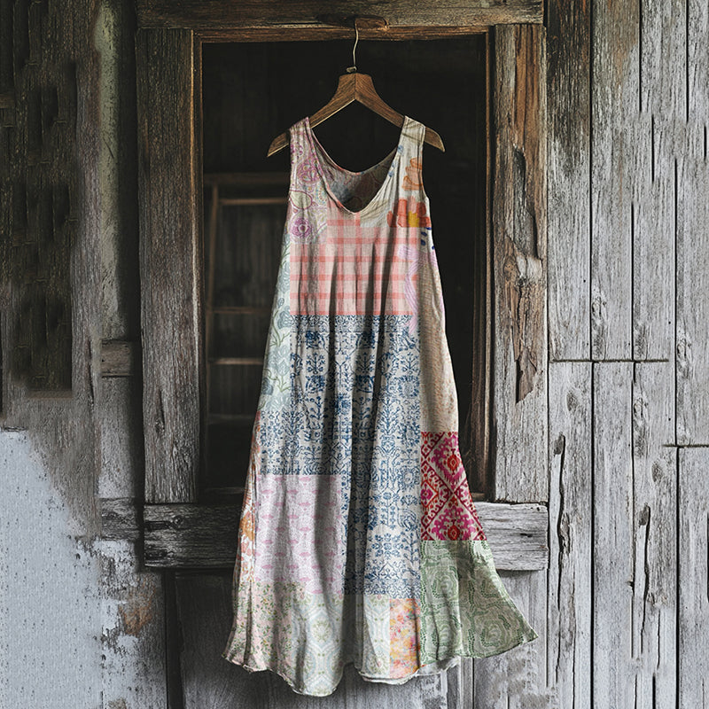 Vintage Tribal Pattern Patchwork Art Linen Tank Dress artswardrobe