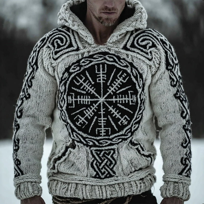 Men's Viking Compass Celtic Chunky Knit Hooded Sweater artswardrobe