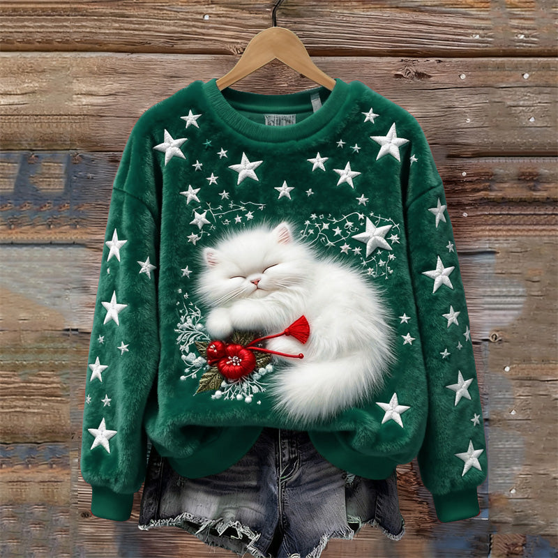 Comstylish Christmas Sleeping Fuzzy Cat Stars Embroidered Cozy Plush Sweatshirt