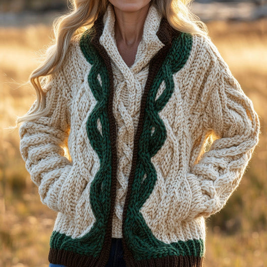 Women's Contrast Wave Pattern Pocket Cardigan Aran Sweater elevenforest