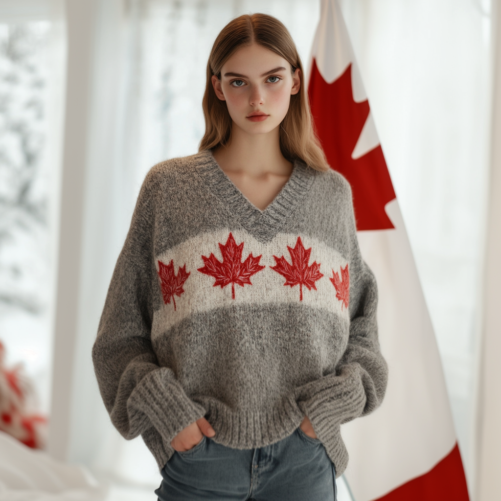 Classic Canada Maple Leaf Pattern V Neck Cozy Sweater artswardrobe