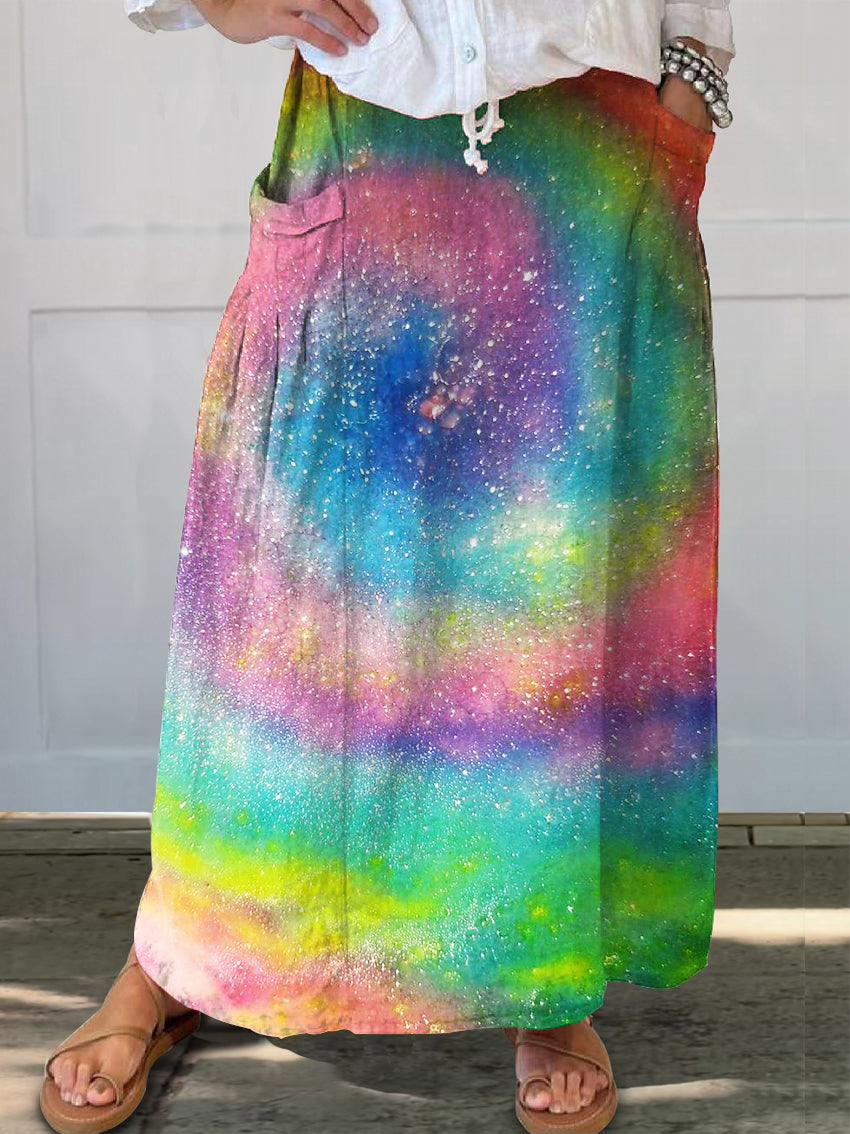 Women's Hippie Tie Dye Art Print Linen Pocket Skirt