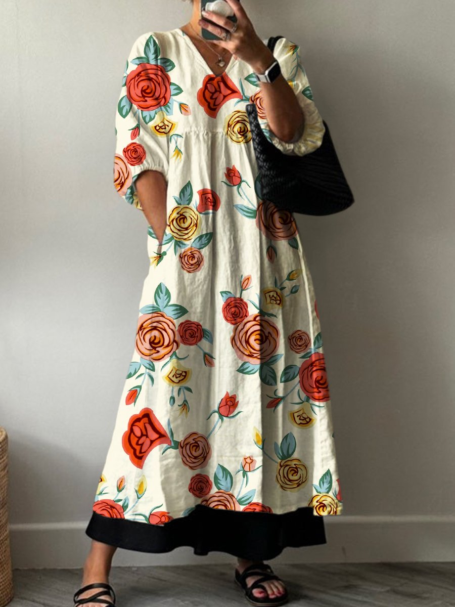 Vintage Rose Floral Print Pocket V-neck Cotton Dress
