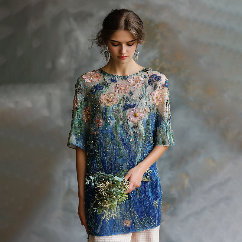 Women's Oil Painting Floral Contrast Color Sequined T-shirt artswardrobe