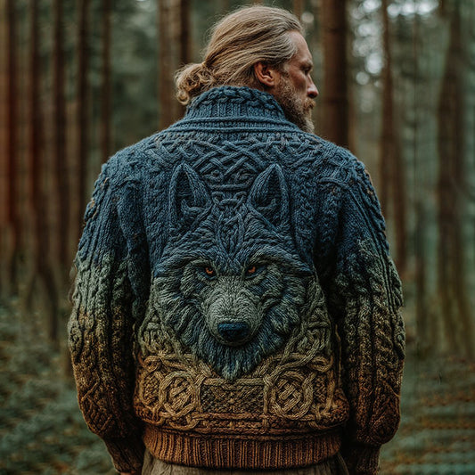 Men's Vintage Viking Wolf Pattern Gradient Cozy Knit Turtleneck Pullover Sweater artswardrobe