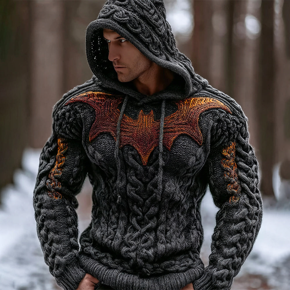 Halloween Gold Bat Art Men's Chunky Knit Hooded Sweater artswardrobe