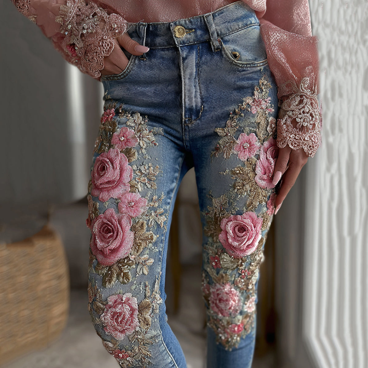 Women's Vintage Rose Floral Embroidery Art Casual Jeans artswardrobe