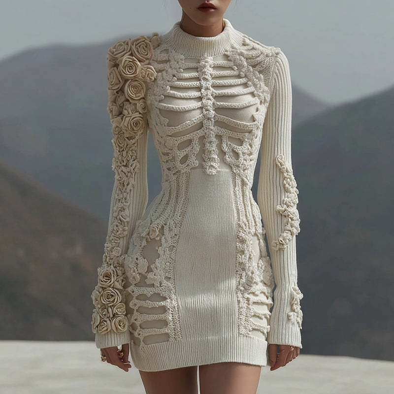 Women's Vintage White Rose Skull Knit Mini Sweater Dress artswardrobe