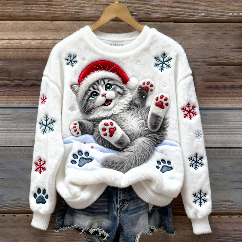 Maglione in cotone con gatto vestito da Babbo Natale e dettagli di fiocchi di neve
