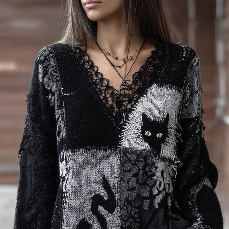Black Cats Colorblock Patchwork V Neck Cozy Knit Sweater elevenforest