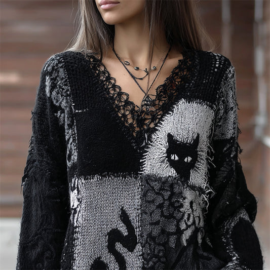Black Cats Colorblock Patchwork V Neck Cozy Knit Sweater elevenforest