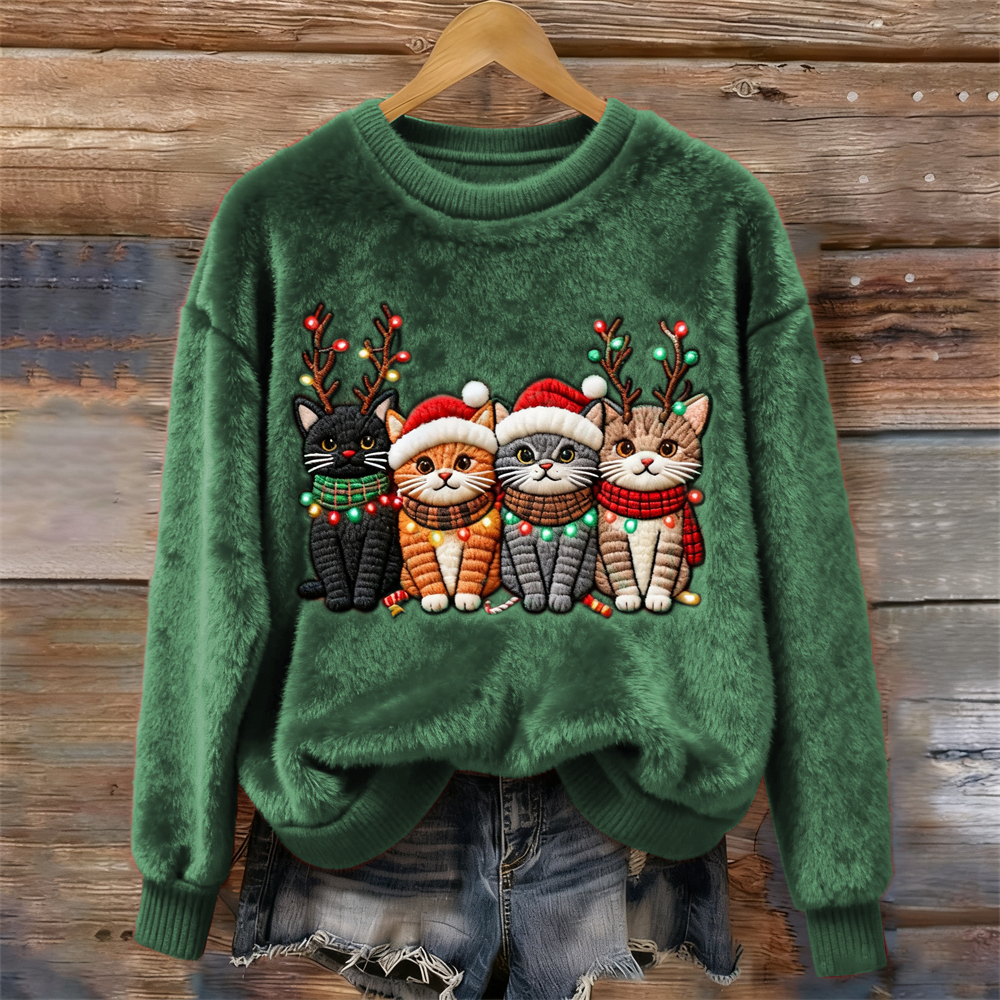 Christmas Lights Cat Women's Cozy Plush Sweater artswardrobe