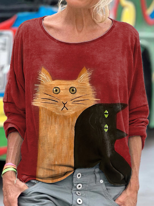 Funny Cats Print Vintage Long Sleeve T-shirt elevenforest